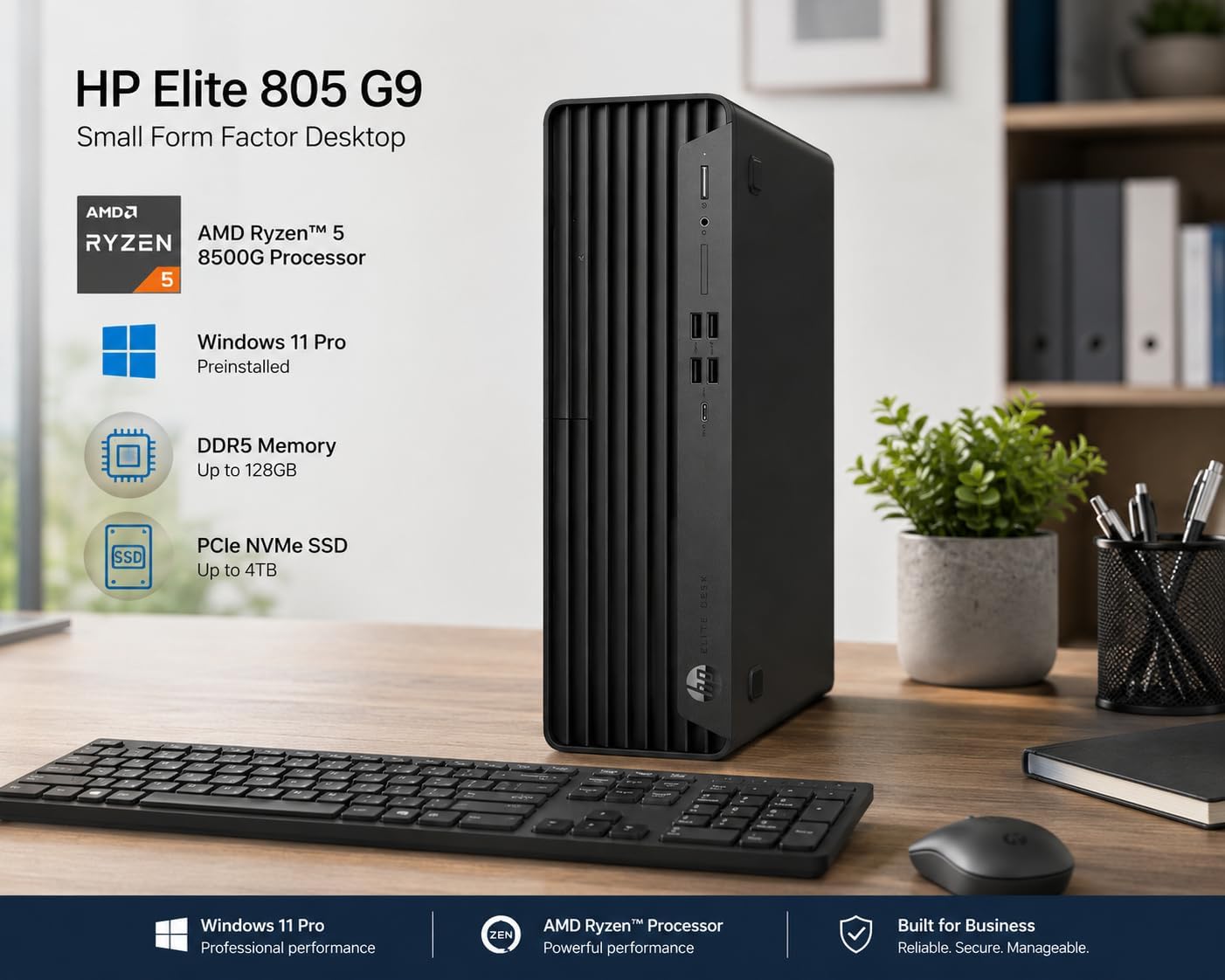 HP Desktop Computer Elite SFF G9| 6-core 5GHz Ryzen-5 Processor(1.3 Times Faster Than Intel i7-1255U) | 16GB DDR5 RAM, 512GB SSD| WiFi| Bluetooth| HDMI, USB, RJ-45| Windows 11 Pro| W/Wired KB & Mouse