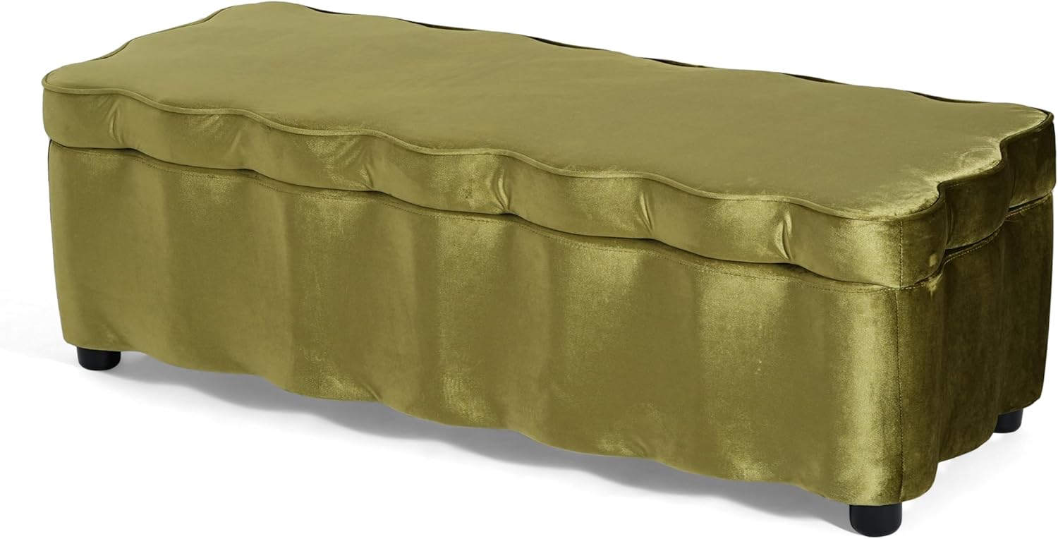 Christopher Knight Home Pean Living Room Ottoman with Storage, Velvet Upholstered Storage Ottoman Bench, Sofa Foot Stool with Wood Frame, Bedroom End of Bed Bench, Chic Scalloped Design, Olive Green