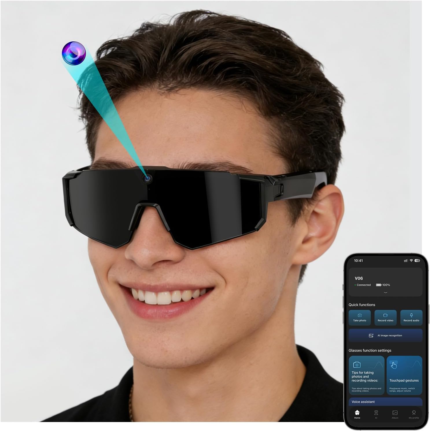 AI Smart Glasses with Camera, HD Stabilized Video Recording Glasses, Waterproof Bluetooth Sunglasses with Ai Assistant, Touch Control, UV Protection for Cycling Skiing Outdoor Sports, Grey