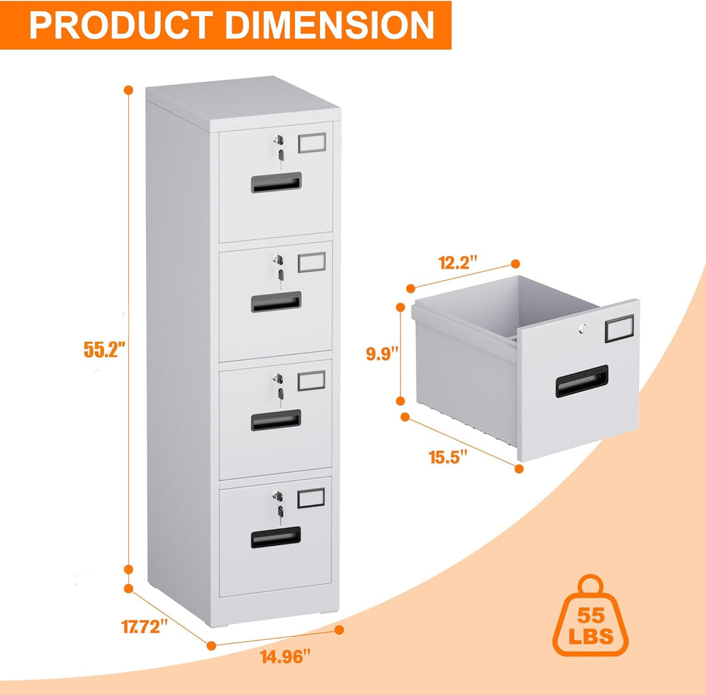 4 Drawer File Cabinet with Lock,White Metal Filing Cabinet for Home Office,Vertical Steel Storage Cabinet with Keys for Letter/A4 Size,14.96" W x 17.72" D x 55.2" H,Assembly Required