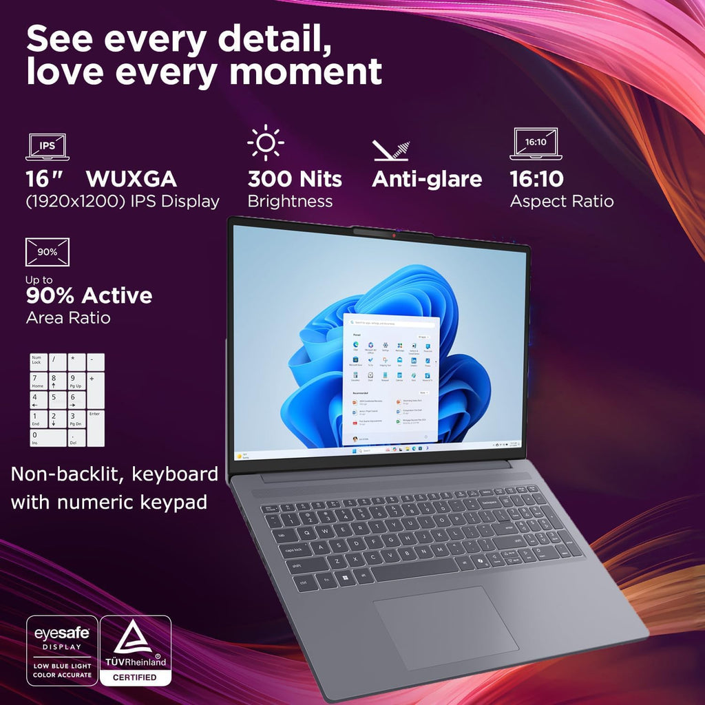 Lenovo IdeaPad Slim 3 Laptop 16" FHD+ Computer for Home Office, Intel 8-Core i5-13420H, 8GB DDR5 RAM, 256GB PCIe SSD, WiFi 6, Bluetooth 5.2, AI Copilot, Luna Grey, Windows 11 Home