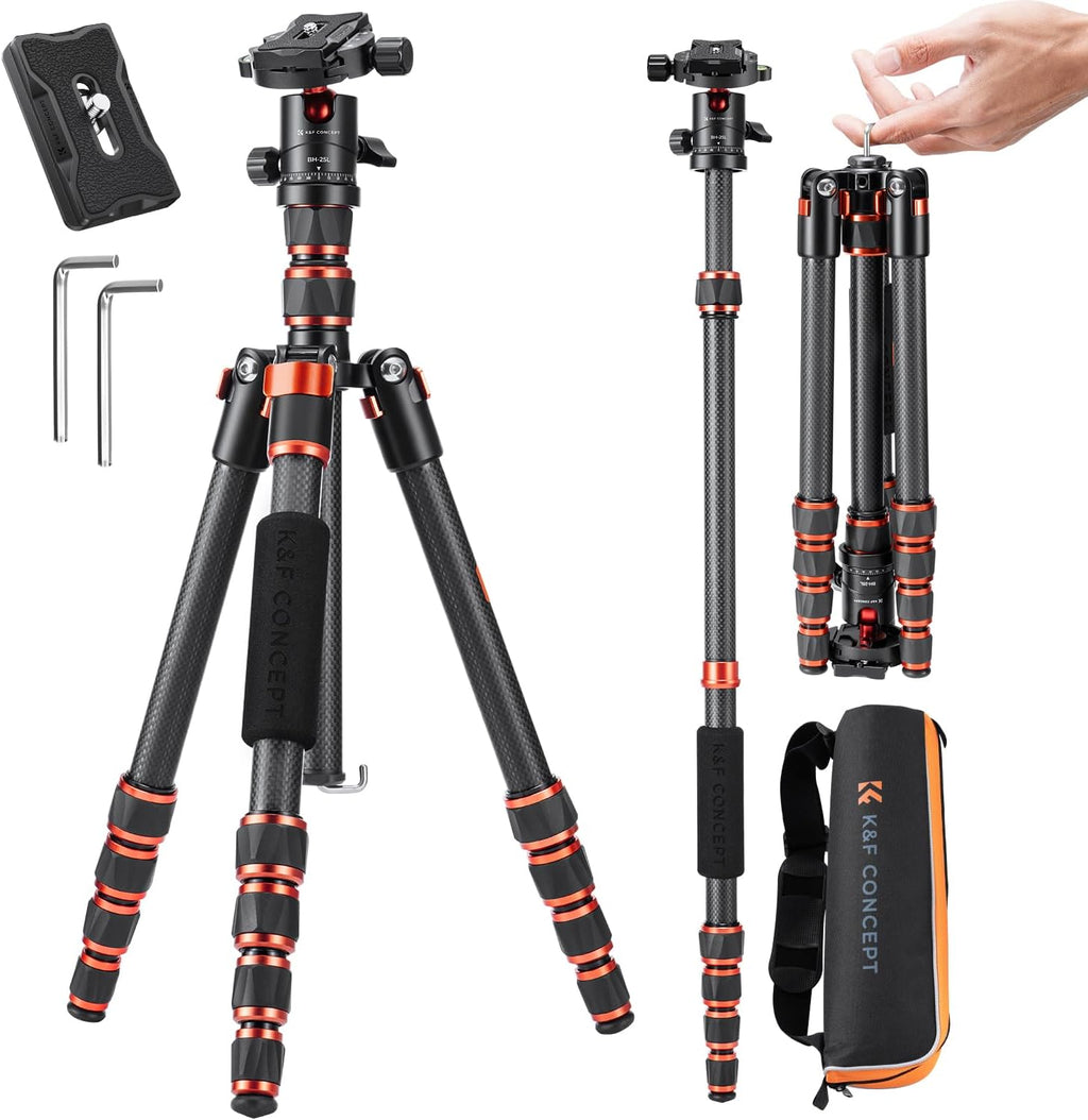 K&F Concept 60 inch Carbon Fiber Camera Tripod,Super Lightweight Compact Travel Tripod with 360 Degree Ball Head,Quick Release Plate,Detachable Monopod 8KG Load Capacity for SLR DSLR C225C0 (BA225)