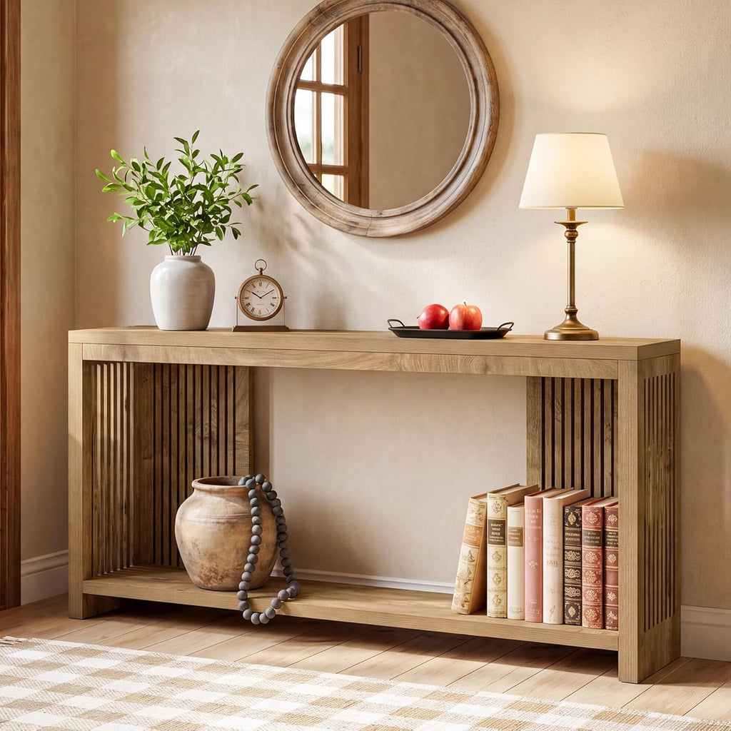 Tribesigns 70.9-Inch Long Entryway Table with 2-Tier Storage, Farmhouse Narrow Sofa Console Table with Vertical Stripe Legs, for Entrance, Entryway, Hallway, Foyer, Behind the Couch, Brown