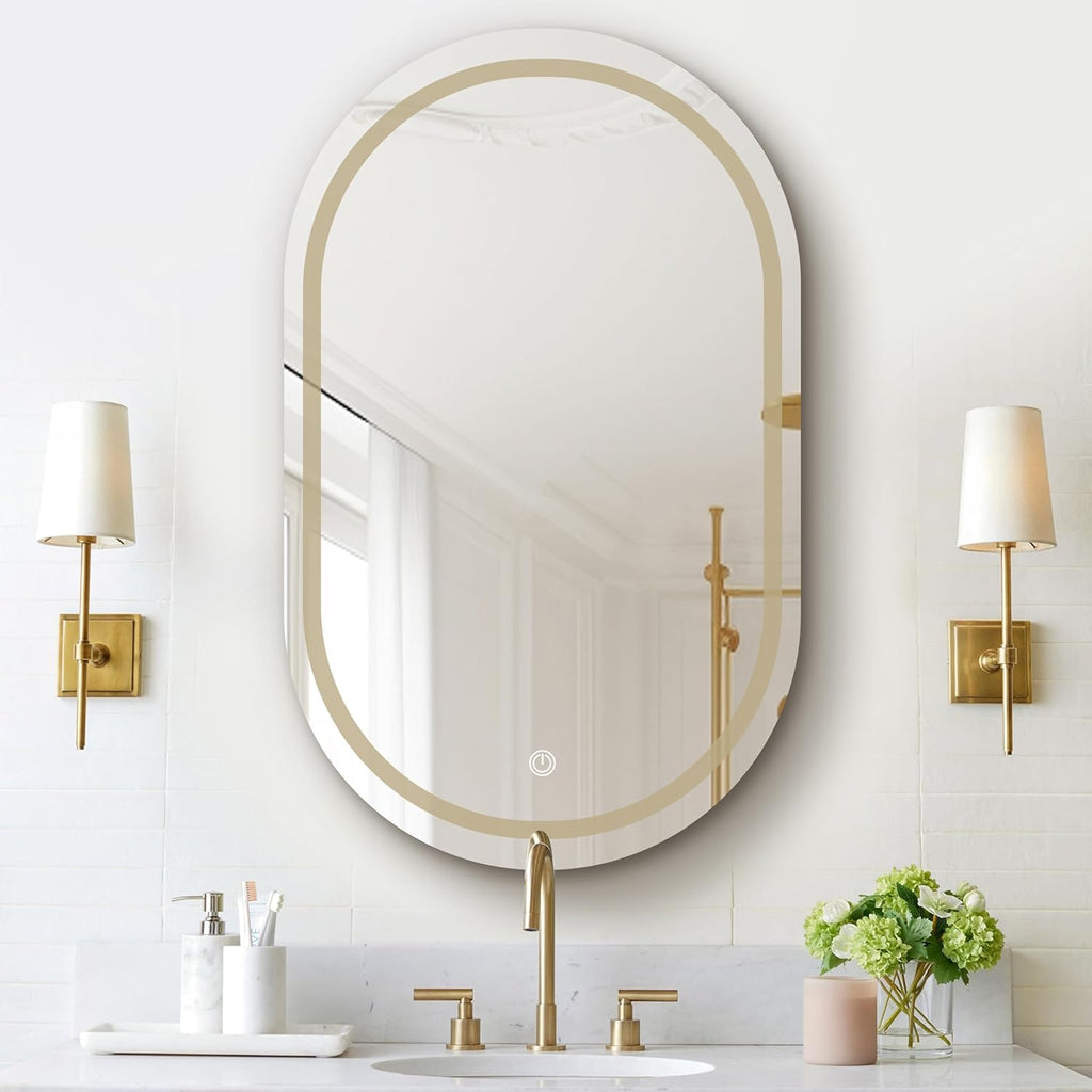 Oval LED Mirror Medicine Cabinet, Wall Mounted Bathroom Storage Cabinet with Tempered Glass Shelves, Metal Frame, Touch Control, 3 Color Temperature Dimmable Lighting, 33.5 x 21 Inch (Black)