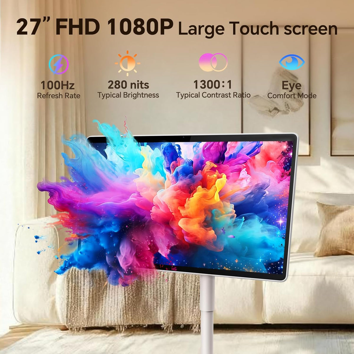 27" Portable TV with Hi-Fi Audio, 44W Quad Speakers & Subwoofer, Android 14 EDLA Touch Screen Monitor, 8GB+128GB, Built-in 8H Battery, 5MP Privacy Camera, Voice Remote Control
