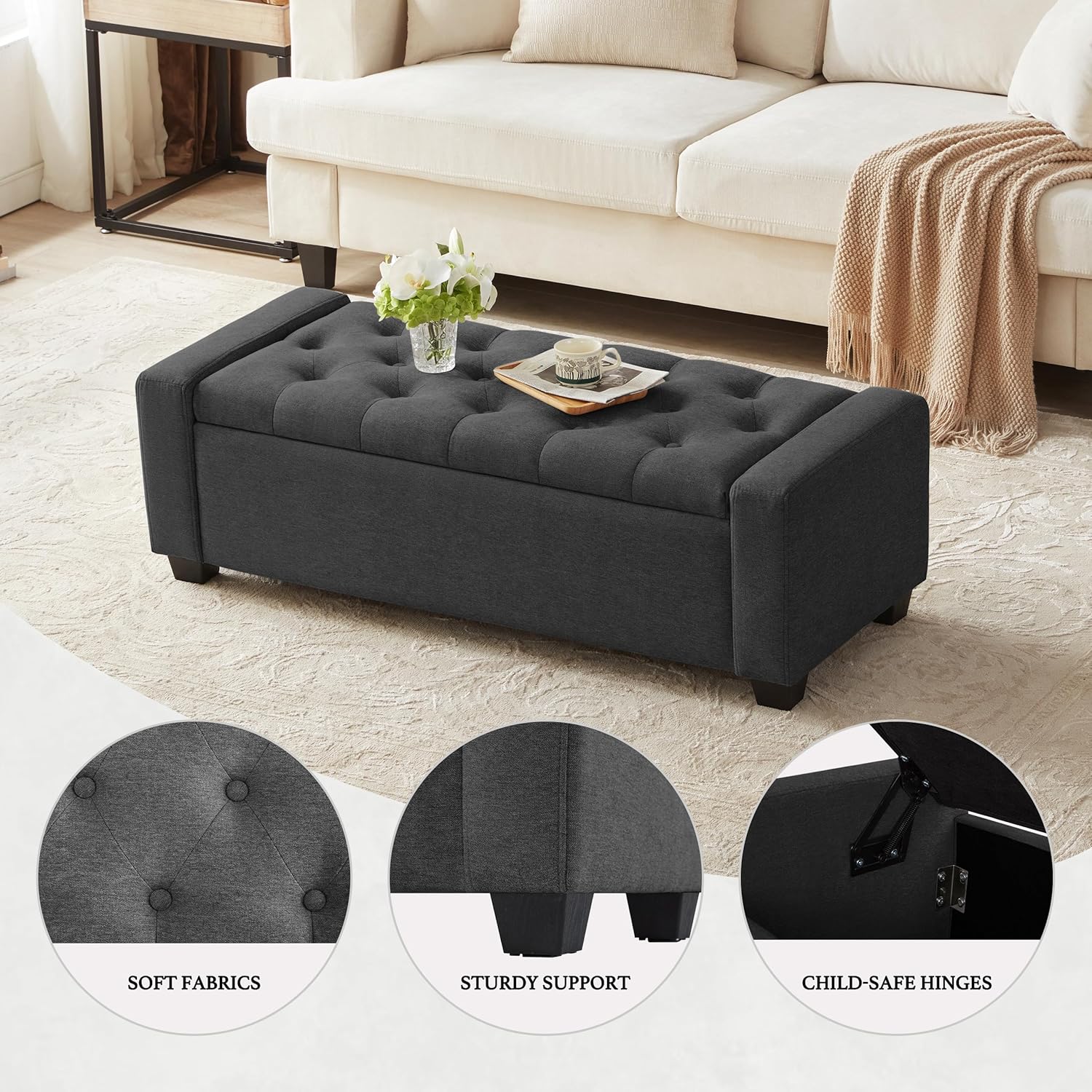 Huatean Home 48" Ottoman with Storage, Storage Ottoman Bench with Safety Hinge, Upholstered Entryway Bench with Seating for Bedroom, Living Room, Holds up to 330 lb, Dark Gray