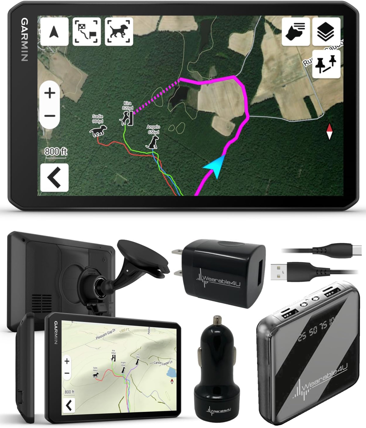Garmin DriveTrack 72, Dog Tracking GPS Navigator, 7-inch Touch Screen, Pair to Your Garmin Handheld and Track Up to 20 Dogs w/ Wearable4U Power Car/Wall Bundle