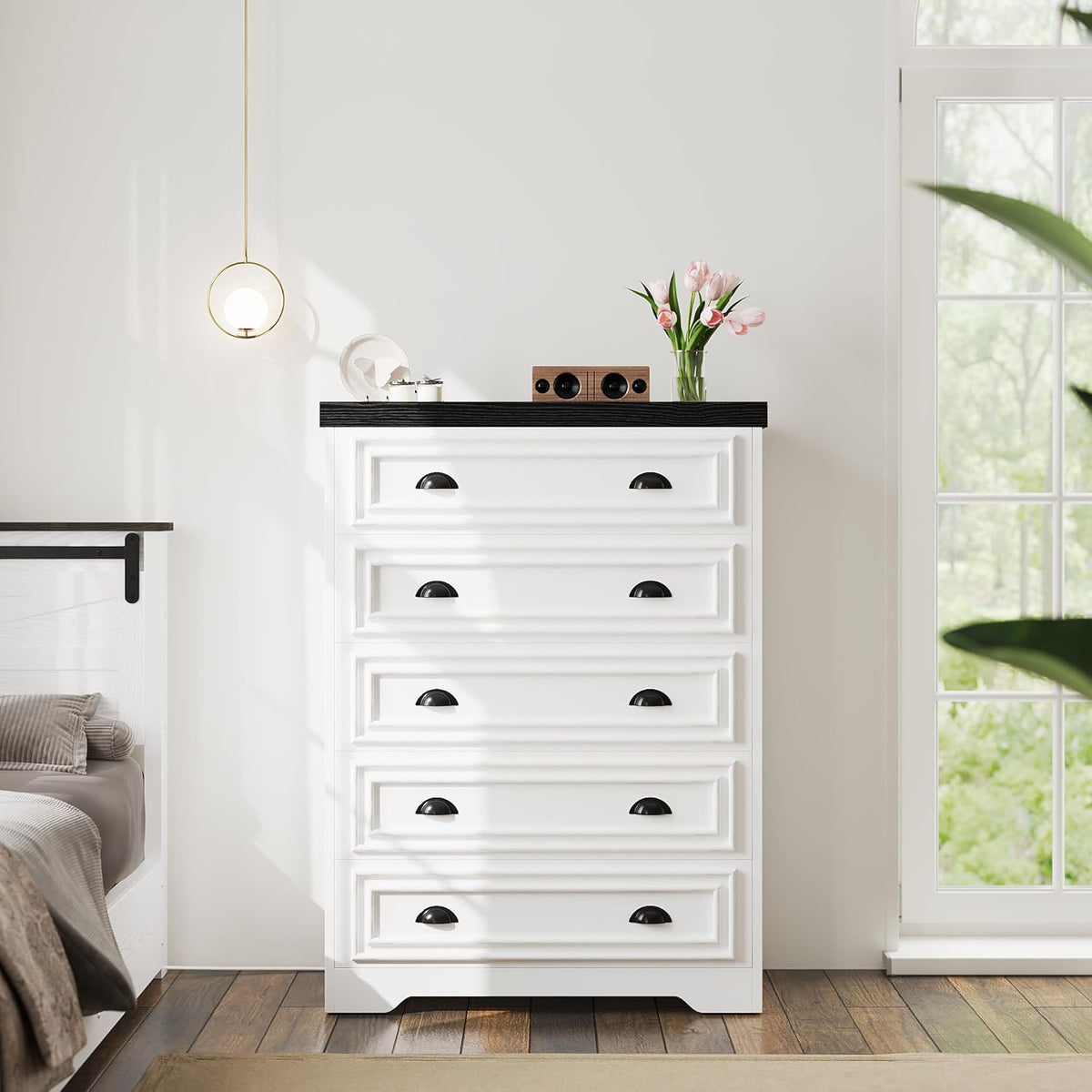 LIKIMIO 5-Drawer 43" Tall Dresser with Built-in Charging Station - Farmhouse Style Bedroom Storage Cabinet, Black &White