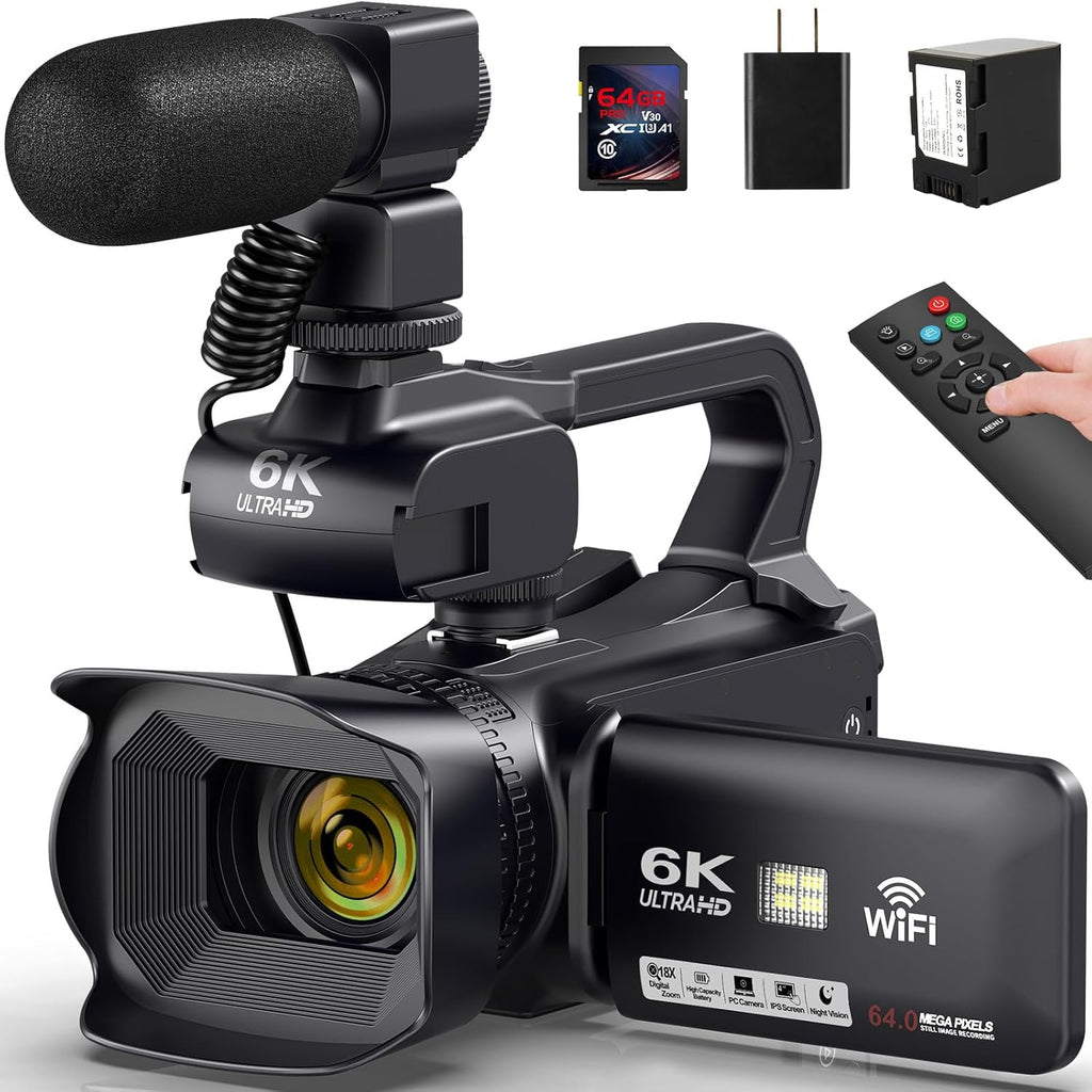 6K Camcorder Video Camera 64MP IR Night Vision Vlogging Camera for YouTube 18X Digital Zoom 4.0" Touch Screen Video Recorder with WiFi, Mic, Charger, Stabilizer, Controller, Battery and 64GB SD Card