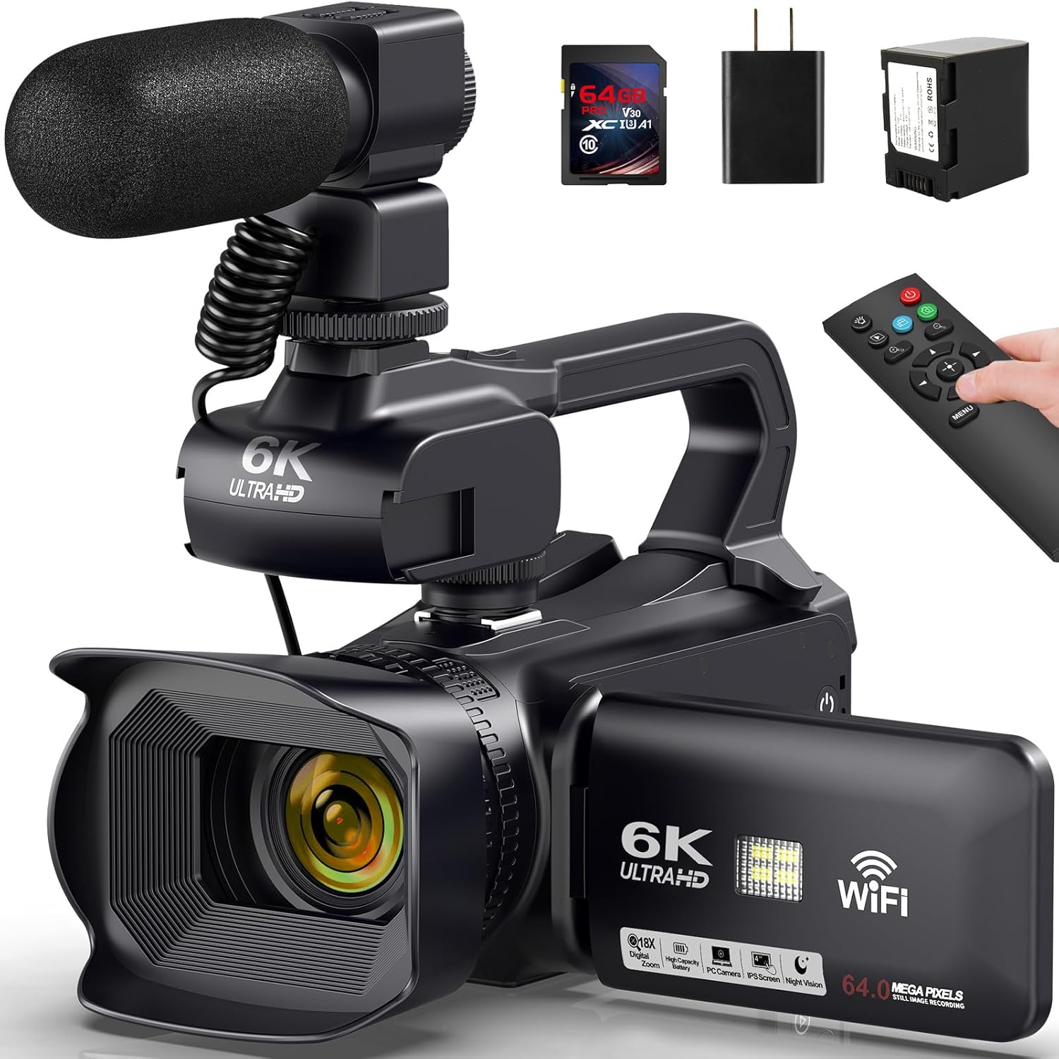 6K Camcorder Video Camera 64MP IR Night Vision Vlogging Camera for YouTube 18X Digital Zoom 4.0" Touch Screen Video Recorder with WiFi, Mic, Charger, Stabilizer, Controller, Battery and 64GB SD Card