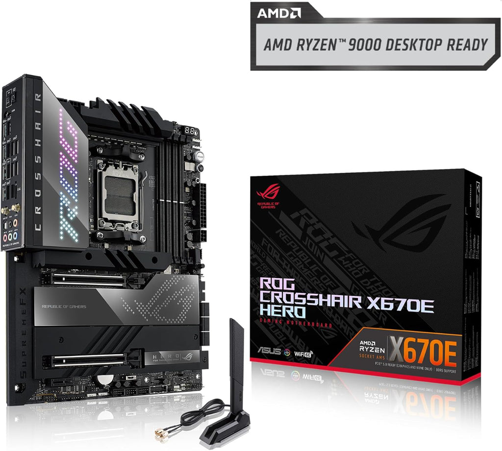 ASUS ROG Crosshair X670E Hero AMD X670 AM5 Ryzen™ Desktop 9000 8000 & 7000 ATX Motherboard, 18 + 2 Power Stages,PCIe® 5.0, DDR5, 5X M.2 Slots, USB 3.2 Gen 2x2 with Quick Charge 4+, USB4®, Wi-Fi 6E