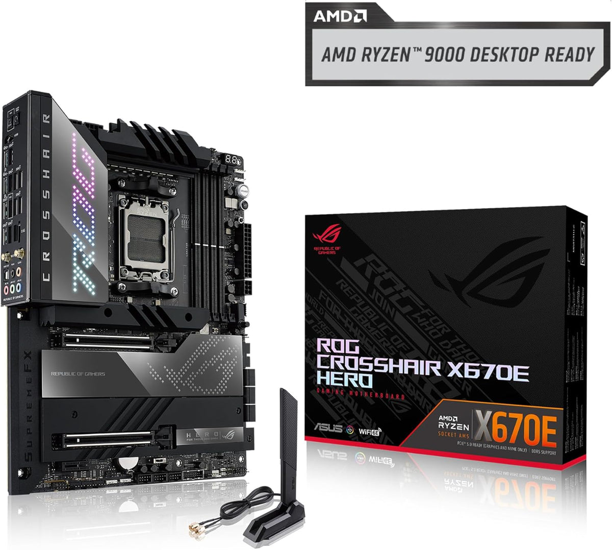 ASUS ROG Crosshair X670E Hero AMD X670 AM5 Ryzen™ Desktop 9000 8000 & 7000 ATX Motherboard, 18 + 2 Power Stages,PCIe® 5.0, DDR5, 5X M.2 Slots, USB 3.2 Gen 2x2 with Quick Charge 4+, USB4®, Wi-Fi 6E
