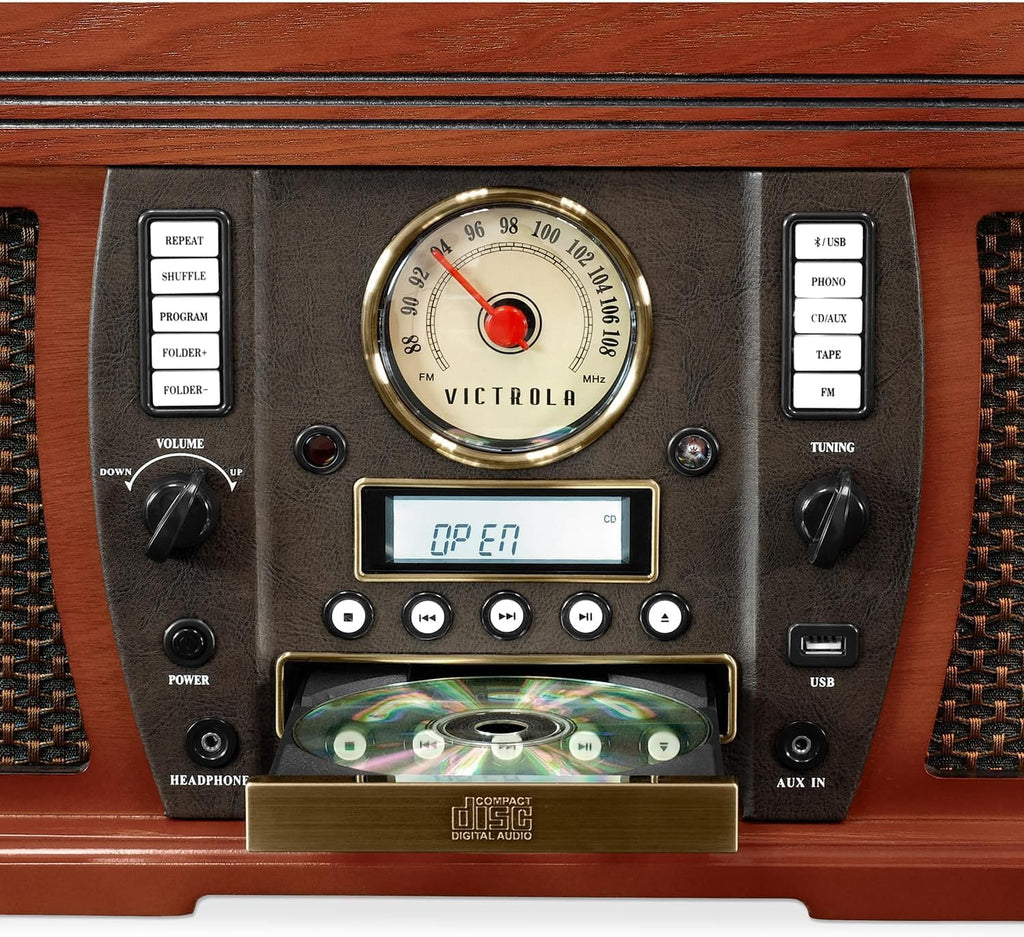 Victrola Aviator 8-in-1 Bluetooth Record Player & Multimedia Center with Built-in Stereo Speakers - 3-Speed Turntable, Vinyl to MP3 Recording, Wireless Music Streaming, Mahogany