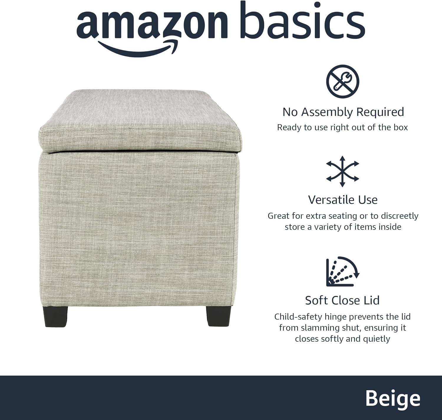 Amazon Basics Upholstered Storage Ottoman Bench with Soft Close Lid, Child-Safety Hinge, No Assembly Required, 35.5"W x 16.5"D x 17"H, Beige
