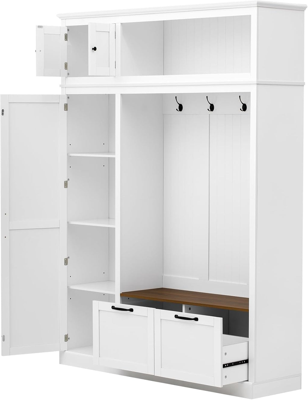 Merax 3-in-1 Hall Tree with Overhead Storage Cabinet, Adjustable Side Shelves,4 Hooks,2 Spacious Drawers,Grooved Back Panel Design, Contrasting Seat Bench,Multifunctional Entryway Organizer, White