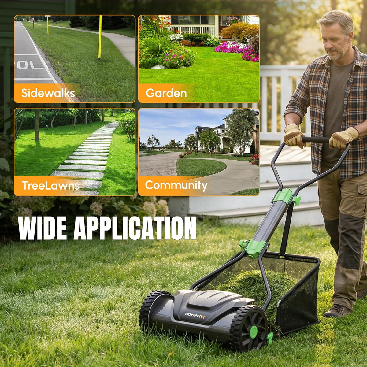 WORKPROX 16-Inch Push Reel Lawn Mower, Adjustable Height 5-Blade Reel Mower with Removable 8-Gallon Grass Catcher for Yards and Gardens, Black