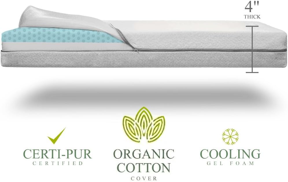 Organic Cotton Covered 2-Sided Crib Mattress | Premium Memory Foam Hypoallergenic Light 2-in-1 Baby Mattress, Firm Support for Infant Soft CertiPUR Foam for Toddler, Waterproof & Washable | 52x27.5x4”