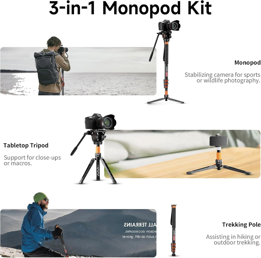 Cayer FP34 Monopod with Feet, 71 inch Aluminum Telescopic Camera Monopod with Fluid Head and 3-Leg Tripod Base for DSLR Video Cameras Camcorders, Supporting up to 13.2 lbs