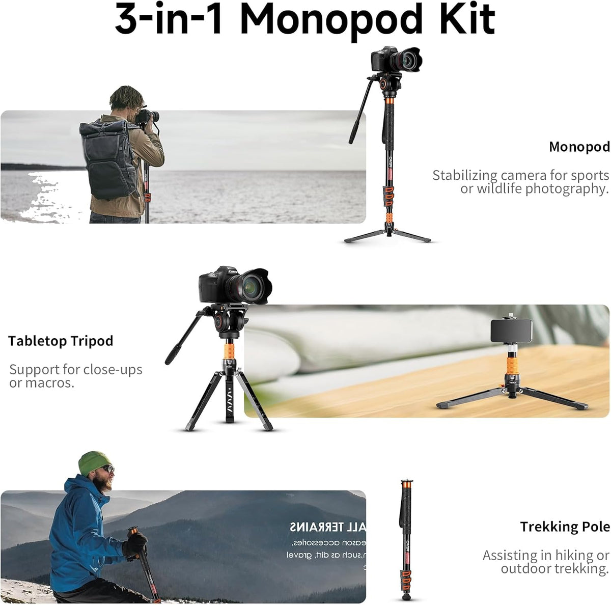 Cayer FP34 Monopod with Feet, 71 inch Aluminum Telescopic Camera Monopod with Fluid Head and 3-Leg Tripod Base for DSLR Video Cameras Camcorders, Supporting up to 13.2 lbs