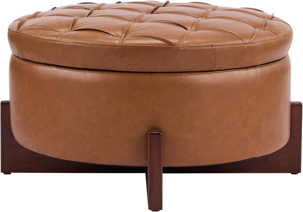Christopher Knight Home 32" Round Storage Ottoman with Reversible Wooden Lid, Faux Leather Tufted Coffee Table, 2-in-1 Storage Ottoman, Hidden Storage Compartment, Solid Rubber Wood Base, Brown