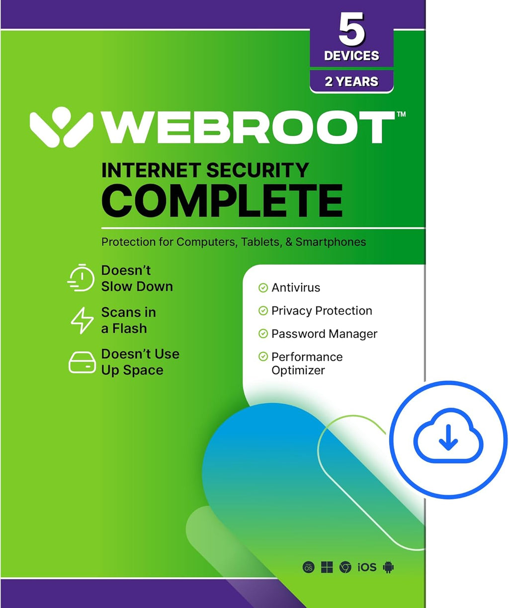 Webroot Internet Security Complete | Antivirus Software 2025 | 5 Device | 2 Year Download for PC/Mac/Chromebook/Android/IOS + Password Manager, Performance Optimizer