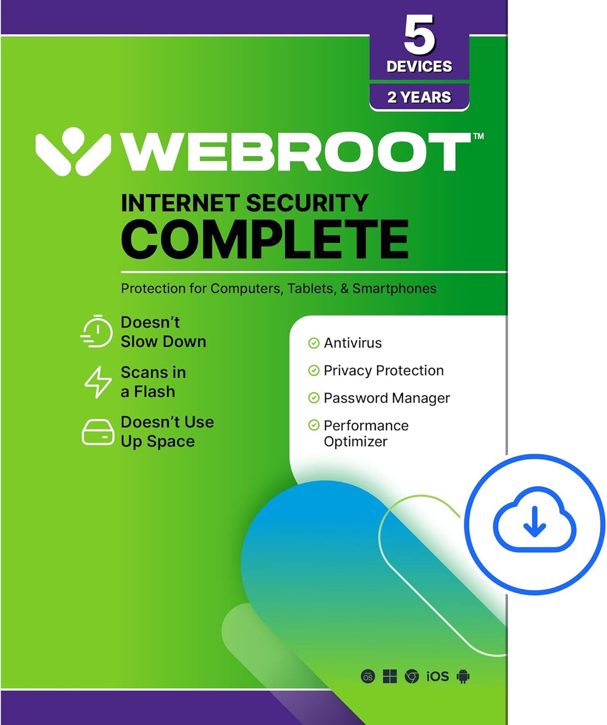 Webroot Internet Security Complete | Antivirus Software 2025 | 5 Device | 2 Year Download for PC/Mac/Chromebook/Android/IOS + Password Manager, Performance Optimizer