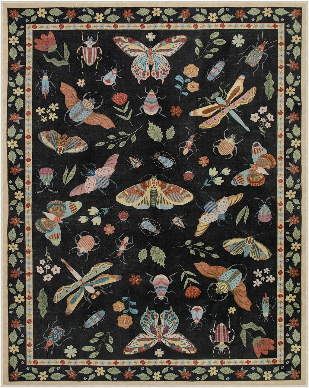 Lahome Insect Area Rugs 8x10, Non Slip Washable Rugs for Living Room 8x10 Rug, Soft Modern Bedroom Rug Under Bed Ultra-Thin Large Carpet for Dining Room Office Playroom Vionnet, Black