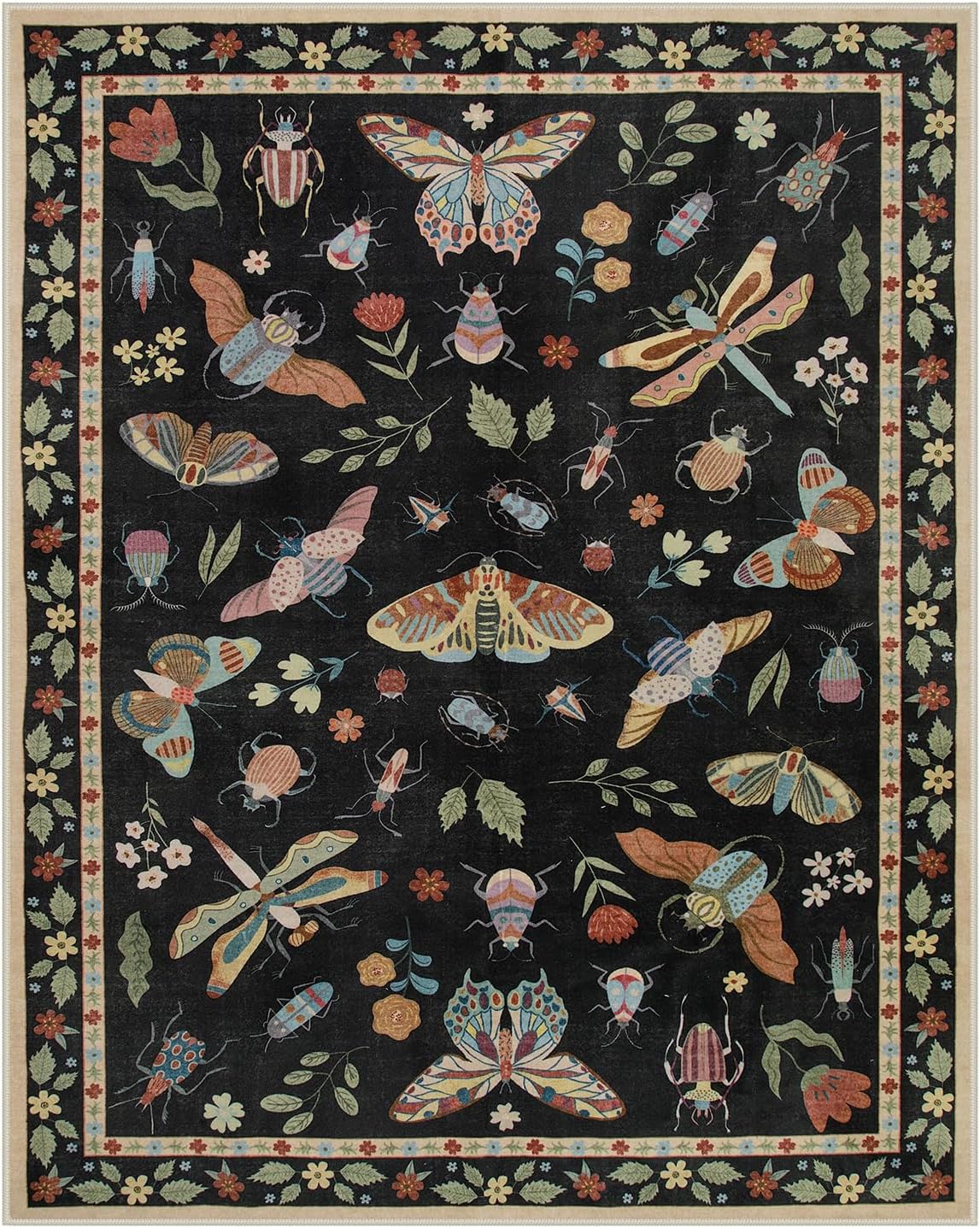 Lahome Insect Area Rugs 8x10, Non Slip Washable Rugs for Living Room 8x10 Rug, Soft Modern Bedroom Rug Under Bed Ultra-Thin Large Carpet for Dining Room Office Playroom Vionnet, Black