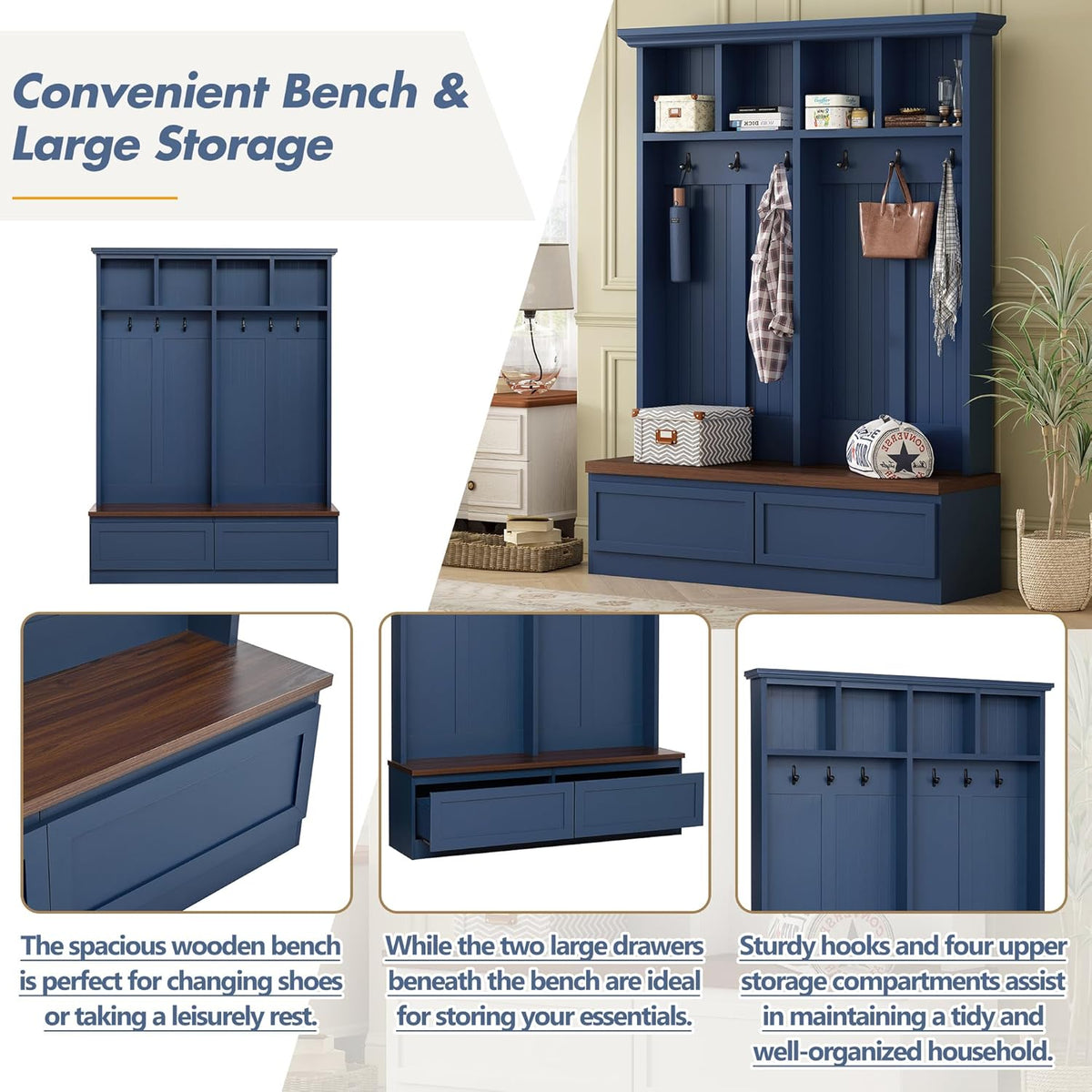 4-in-1 Hall Tree with Wood Grain Bench, Entryway Shoe Storage Organizer with Coat Rack, 2 Large Drawers, and 6 Golden Hooks for Hallway, Foyer Organizer Furniture, Blue