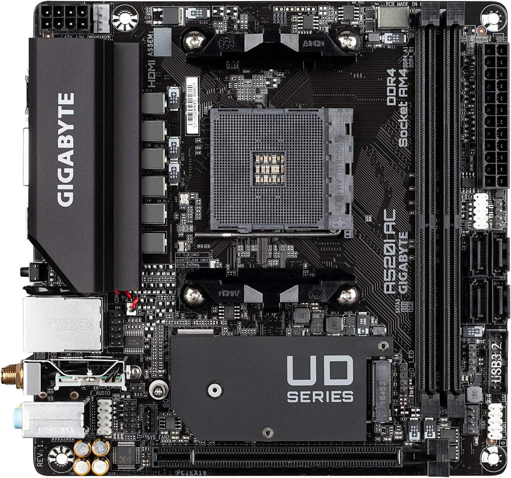 Gigabyte A520I AC (AMD Ryzen AM4/Mini-ITX/Direct 6 Phases Digital PWM with 55A DrMOS/Gaming GbE LAN/Intel WiFi+Bluetooth/NVMe PCIe 3.0 x4 M.2/3 Display Interfaces/Q-Flash Plus/Motherboard)