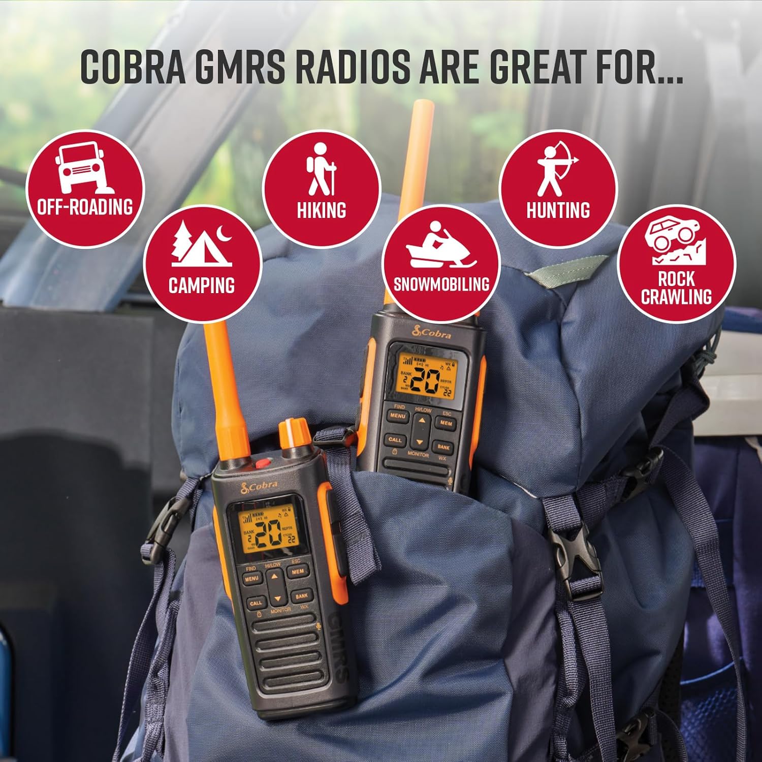 Cobra TrailBlazer 450 GMRS Radio (2-Pack) – IP54 Weather Resistant, 16hr Battery, 2.5W Long Range Walkie Talkies, Large LCD Display, NOAA, Programmable Software, Removable Antenna, Repeater Capable