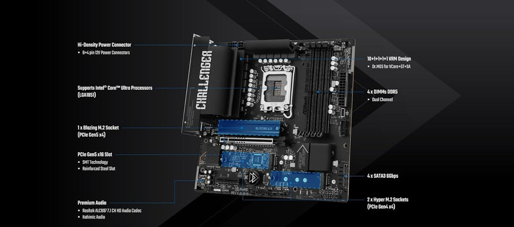 ASRock B860M Challenger WiFi mATX Motherboard, Intel Core Ultra (Series 2), DDR5 8666+ (OC), PCIe 5.0, 2.5G LAN, WiFi 7, Dr.MOS