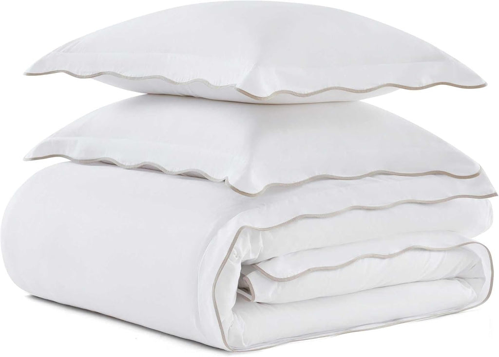 Martha Stewart - King Duvet Cover Set, 100% Soft Cotton Bed Set with a Smooth Cotton Percale Reverse, 3 Piece Bedding with Matching Pillowcases (Simple Scallop Beige)