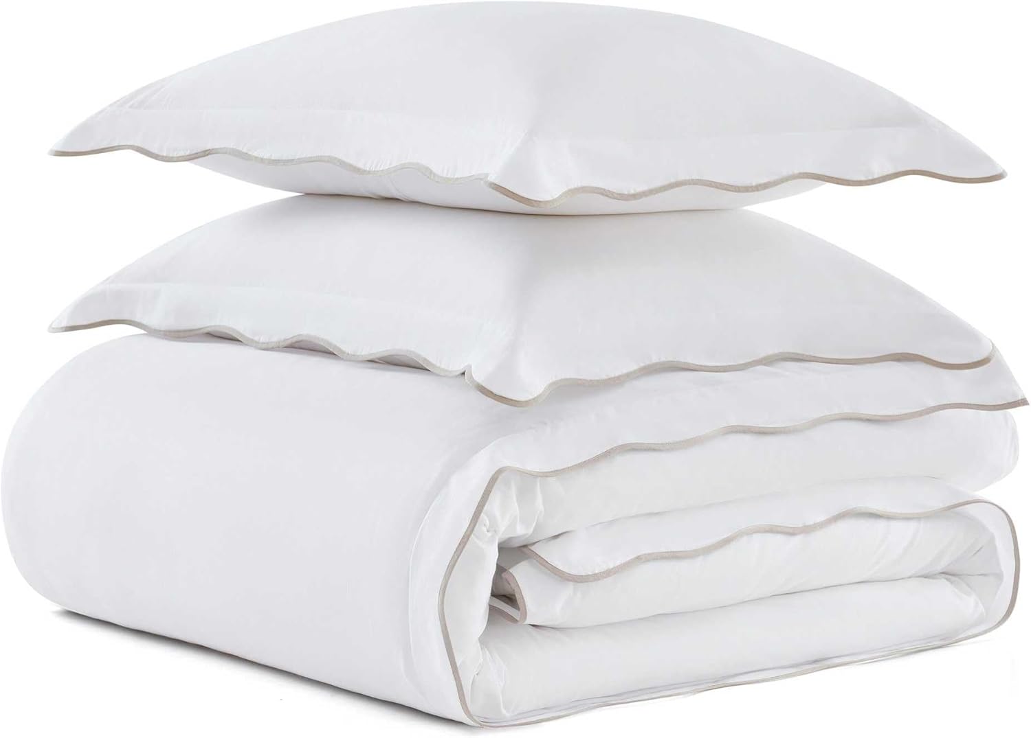 Martha Stewart - King Duvet Cover Set, 100% Soft Cotton Bed Set with a Smooth Cotton Percale Reverse, 3 Piece Bedding with Matching Pillowcases (Simple Scallop Beige)