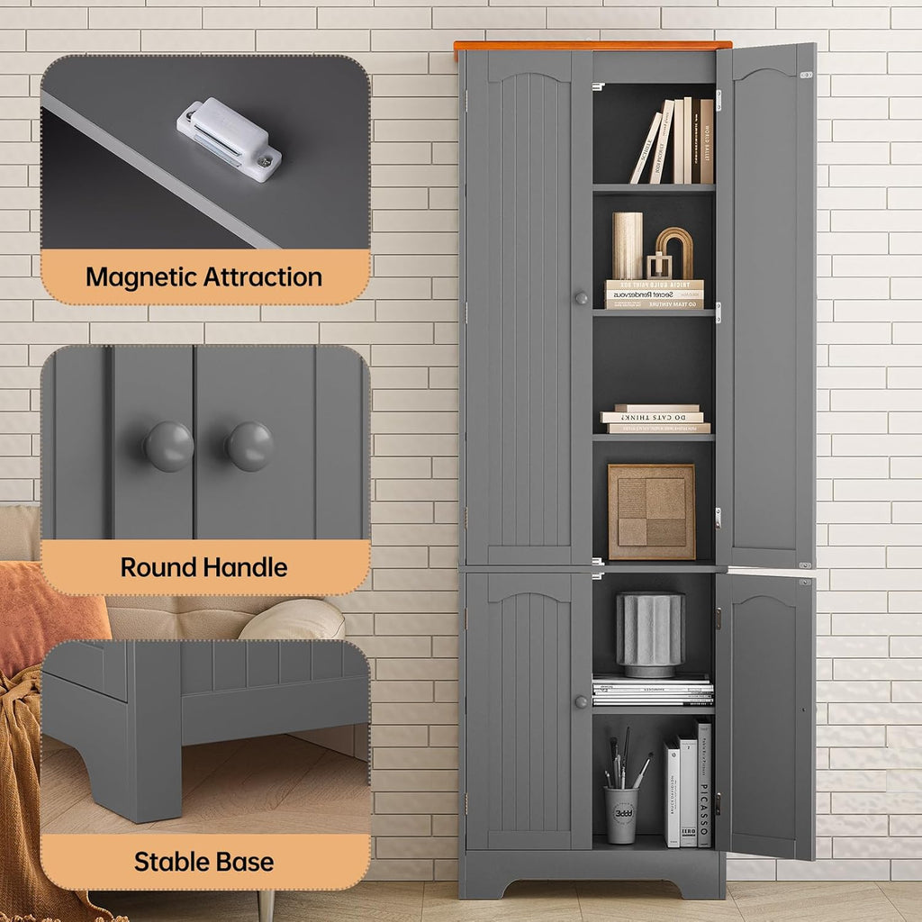 4 Door Pantry -72.2'' Kitchen Cabinet with Adjustable Shelves, Freestanding Cupboard, Tall Storage Cabinets for Dining Room, Living Room, Laundry, Bathroom, Entryway, Grey