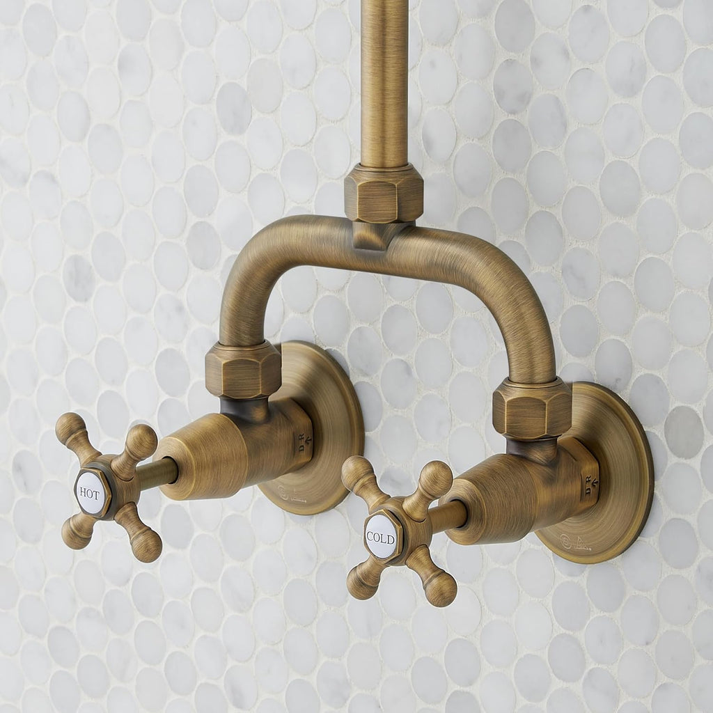 Signature Hardware 922235 Baudette Exposed Pipe Shower System with Rainfall Shower Head, Shower Arm, and Cross Handles - Brushed Gold