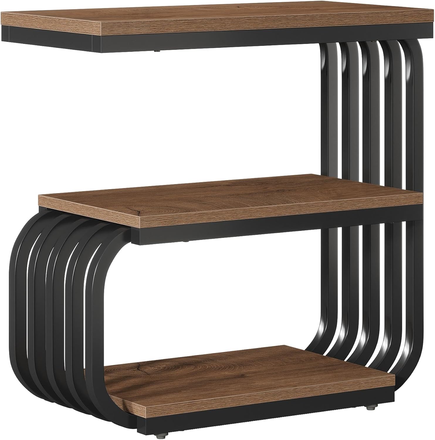Tribesigns Small Narrow End Table with Storage Shelf, Industrial Side Tables with Curved Metal Frame, 3-Tier Accent Table and Nightstand for Living Room, Bedroom, Small Space (1, Brown)