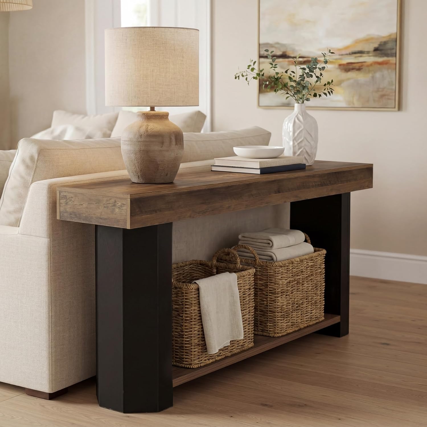 LITTLE TREE 63 in Console Table, 2 Tier Sofa Table Behind Couch, Long Console Sofa Tables for Living Room, Industrial Hallway Foyer Table for Entryway, Rustic Brown & Black