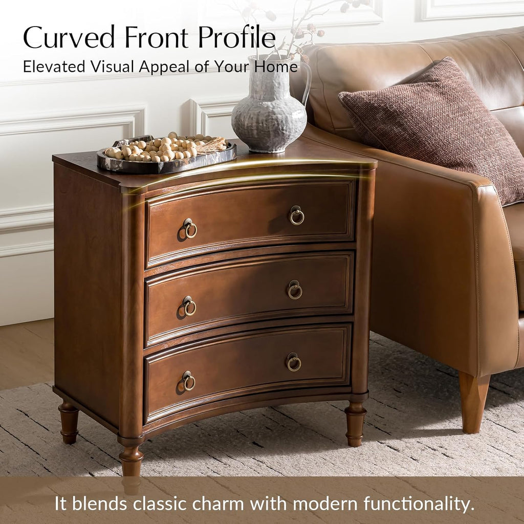 HULALA HOME 3 Drawer End Tables Set of 2 with Charging Station, 26" Wide Endtables with Solid Wood Legs and Curved Profile, Classic Side Tables for Living Room, Walnut
