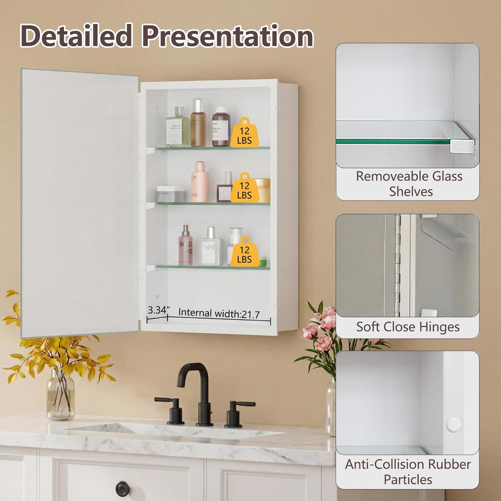 22”x30'' Frameless Beveled Mirror Medicine Cabinet, Removeable Shelf,Surface/Recessed Mount,Bathroom Cabinet with Storage