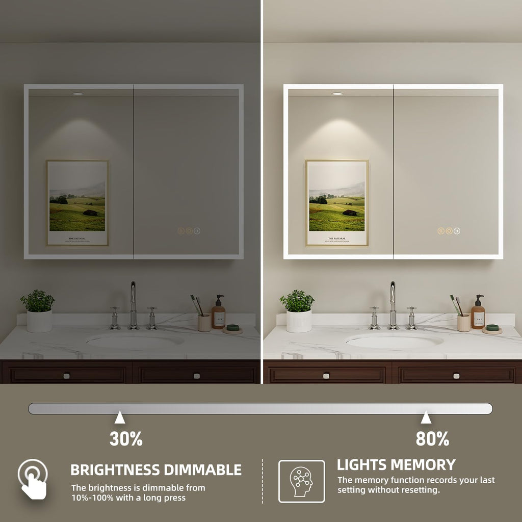 Buruis 36 x 32 Inch Medicine Cabinet with LED Lights and Mirror, Recessed/Wall Mounted Bathroom Cabinet, 3-Color Light, Defogger, Memory Function, Outlet & USB, Dimmer, Black