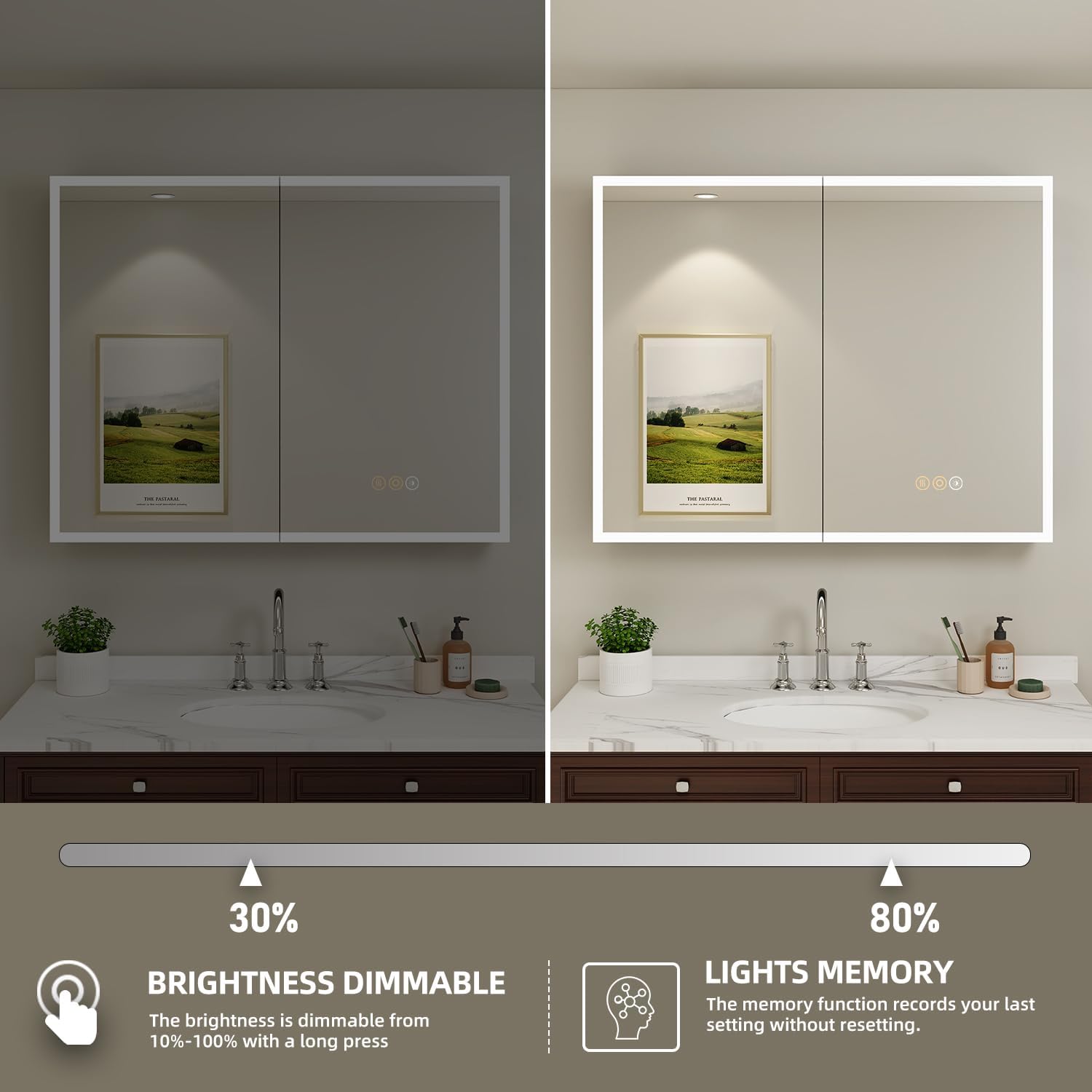 Buruis 36 x 32 Inch Medicine Cabinet with LED Lights and Mirror, Recessed/Wall Mounted Bathroom Cabinet, 3-Color Light, Defogger, Memory Function, Outlet & USB, Dimmer, Black