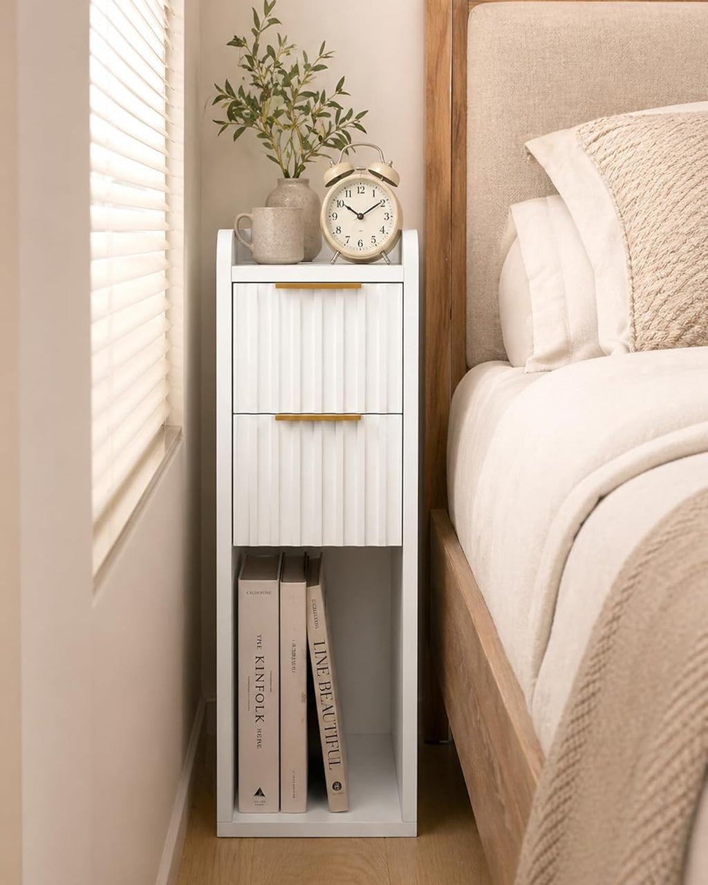 Narrow Nightstand Set of 2, 7.9" Wood Nightstands w/Fluted 2 Drawer, Slim Bed Side End Table Small Spaces Modern Skinny Wooden Night Stand for Bedroom, Living Room, White