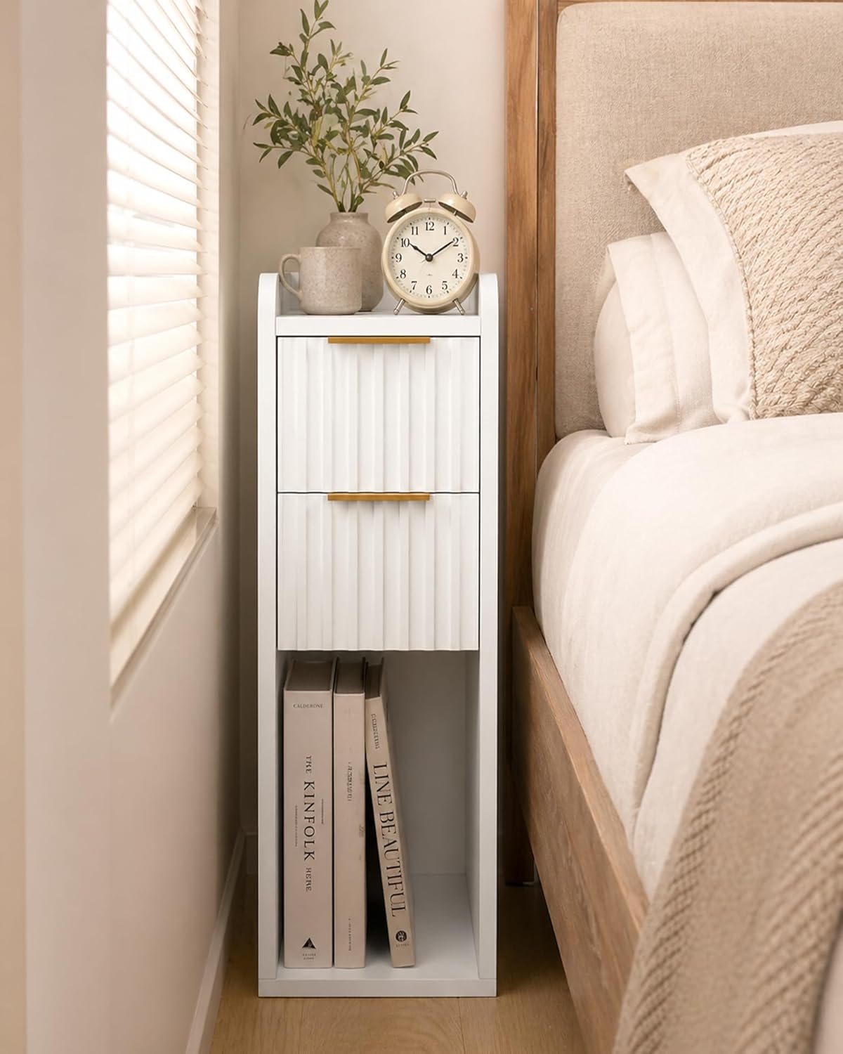 Narrow Nightstand Set of 2, 7.9" Wood Nightstands w/Fluted 2 Drawer, Slim Bed Side End Table Small Spaces Modern Skinny Wooden Night Stand for Bedroom, Living Room, White