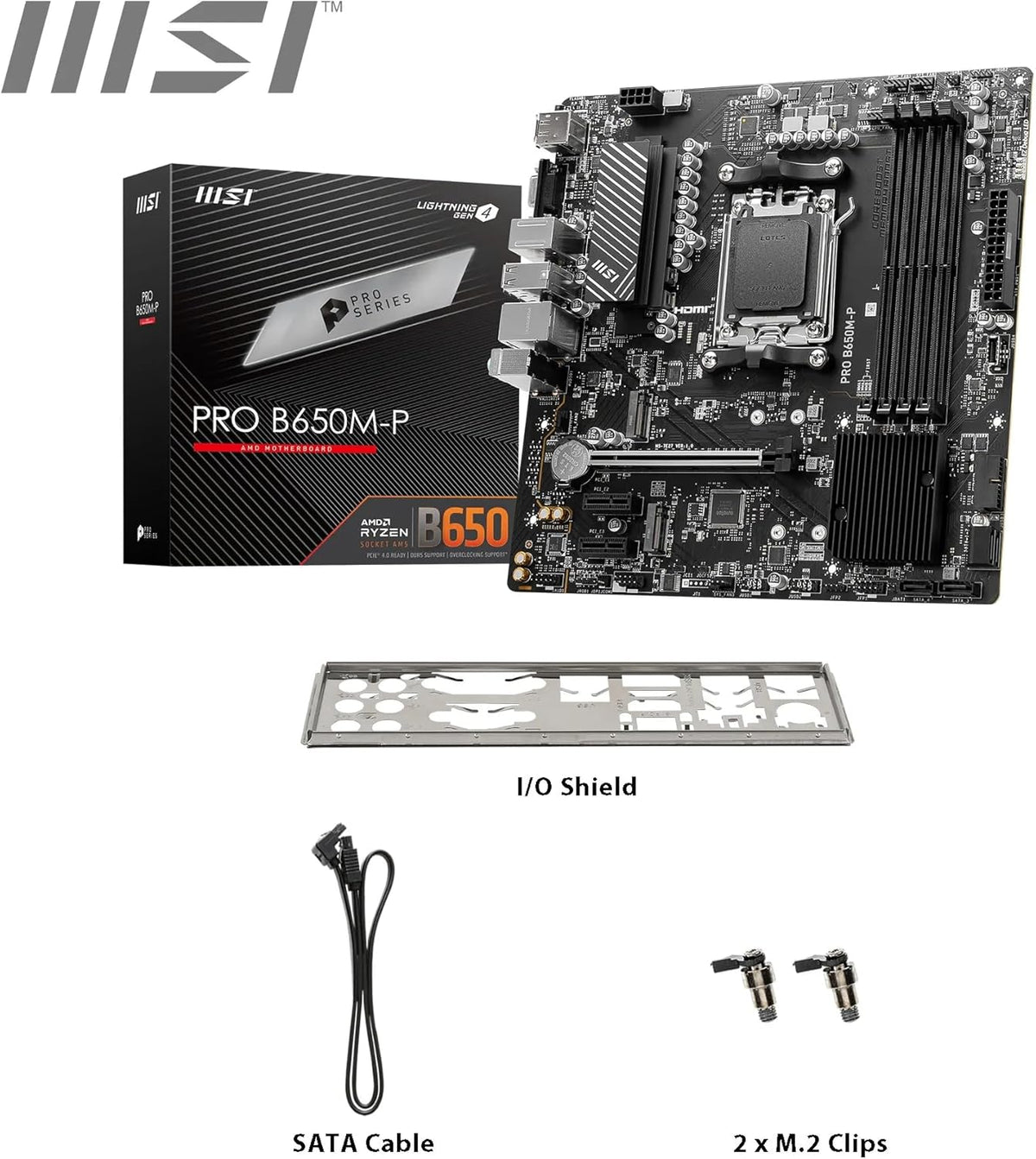 MSI Pro B650M-P AM5 mATX Motherboard, AMD B650 Chipset, 4X DDR5 Slots, 192GB Max Memory, 1x PCI-E x16, 2X M.2 Storage Slot, 4X SATA 6G, Realtek 8125BG 2.5G LAN, HDMI/DP/VGA - Black