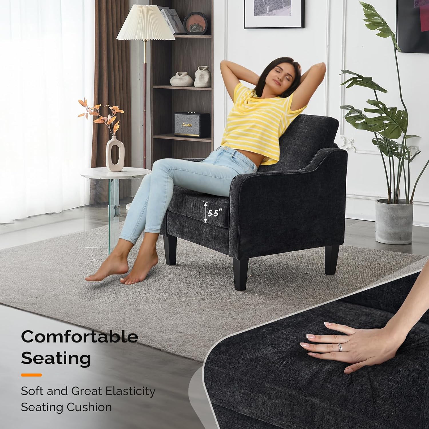 VINGLI Living Room Chairs Set of 2, Black Accent Chair 5.5" Thick Seat Cushion Comfy Chair Soft Chenille Side Chair Upholstered Arm Chair for Bedroom, Play Room, Apartment, Office (Black)