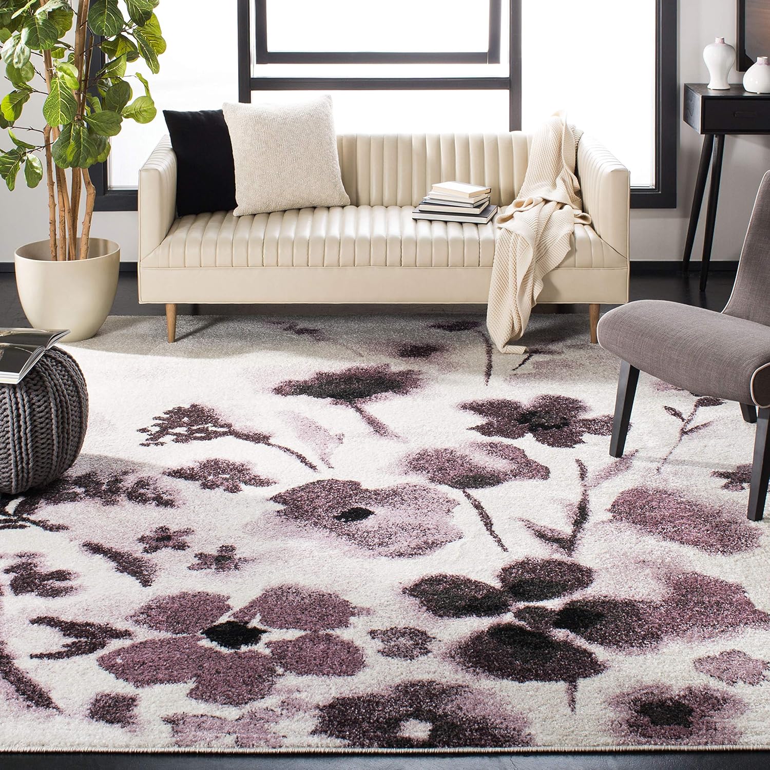 SAFAVIEH Adirondack Collection Area Rug - 9' x 12', Ivory & Purple, Floral Watercolor Design, Non-Shedding & Easy Care, Ideal for High Traffic Areas in Living Room, Bedroom (ADR127L)