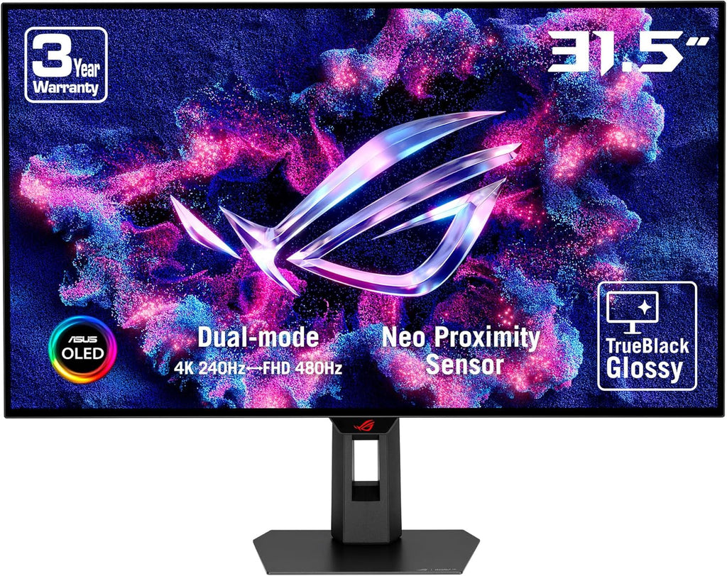 ASUS ROG Strix 32” 4K OLED Gaming Monitor (XG32UCWMG) - TrueBlack Glossy, Dual Mode(4K@240Hz, FHD@480Hz), 0.03ms, G-SYNC Compatible, Neo Proximity Sensor, USB-C, HDMI 2.1, 3 yr Warranty