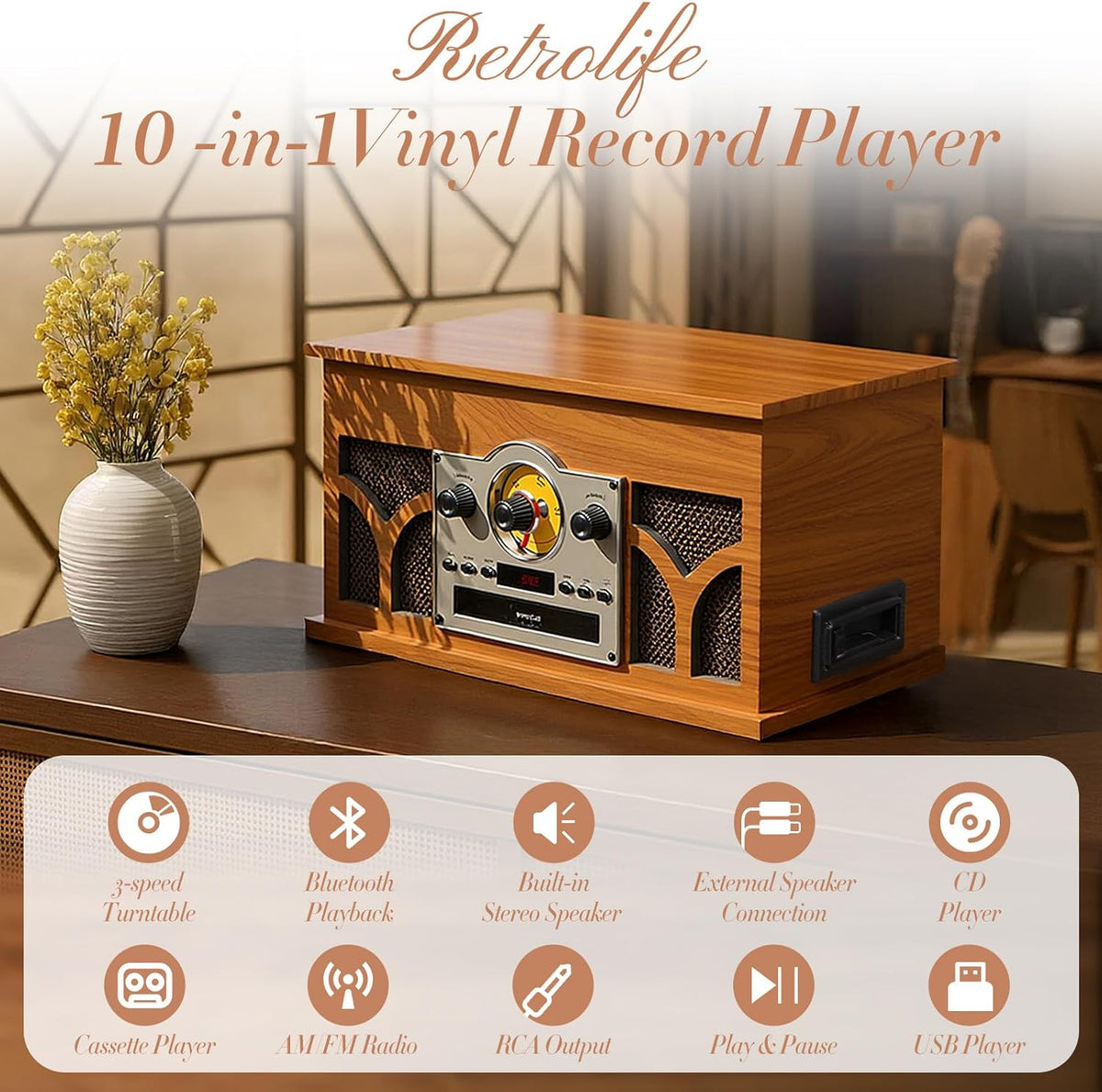 10-in-1 Record Player with Built-in Speakers Wireless Playback, CD & Cassette Player, USB Player, AM/FM Radio, 3 Speeds Turntable Vinyl Record Player Mahogany