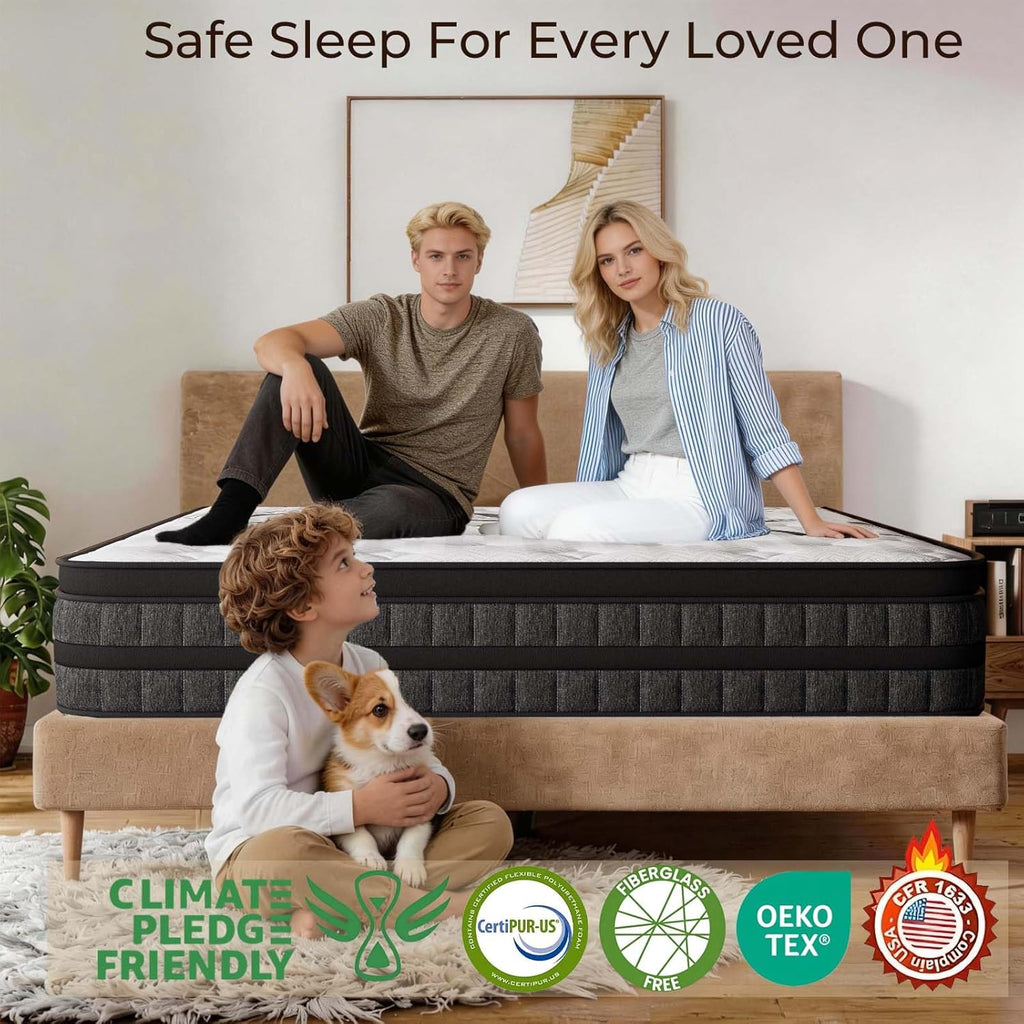 Queen Mattress 12 Inch Mattress Hybrid with Memory Foam and Pocket Springs for Motion Isolation Breathable and Cooling Comfort Medium Firm Support Fiberglass Free 365-Night Trial